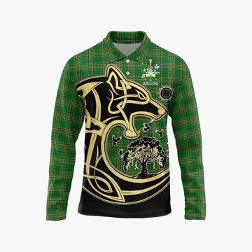 Tartan Vibes Clothing O_Connell Irish Tartan Long Sleeve Polo Shirt with Coat of Arms Celtic Wolf Style
