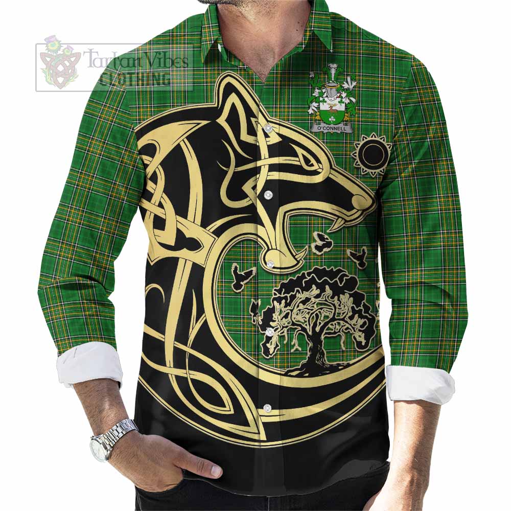 Tartan Vibes Clothing O_Connell Irish Tartan Long Sleeve Button Shirt with Coat of Arms Celtic Wolf Style