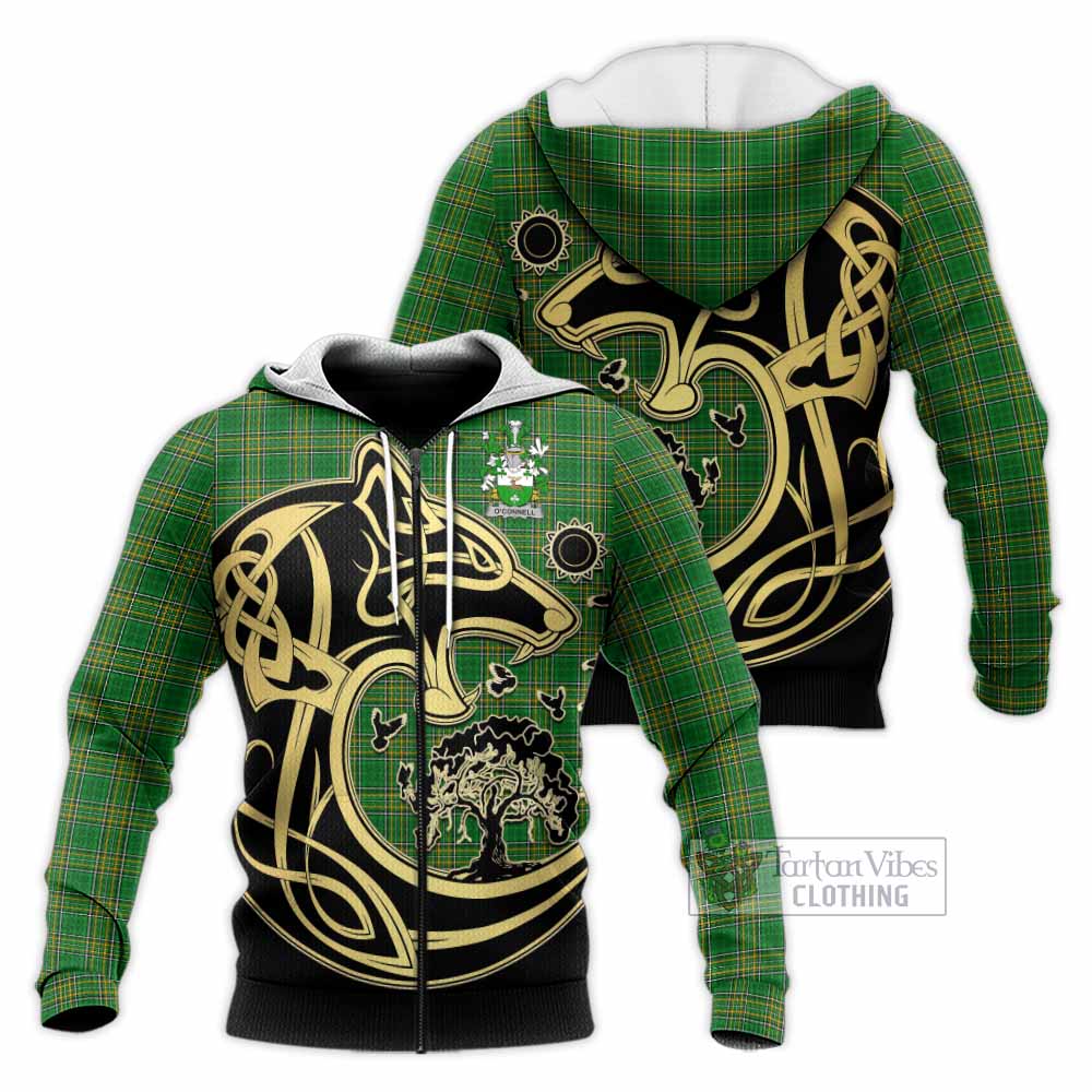 Tartan Vibes Clothing O_Connell Irish Tartan Knitted Hoodie with Coat of Arms Celtic Wolf Style