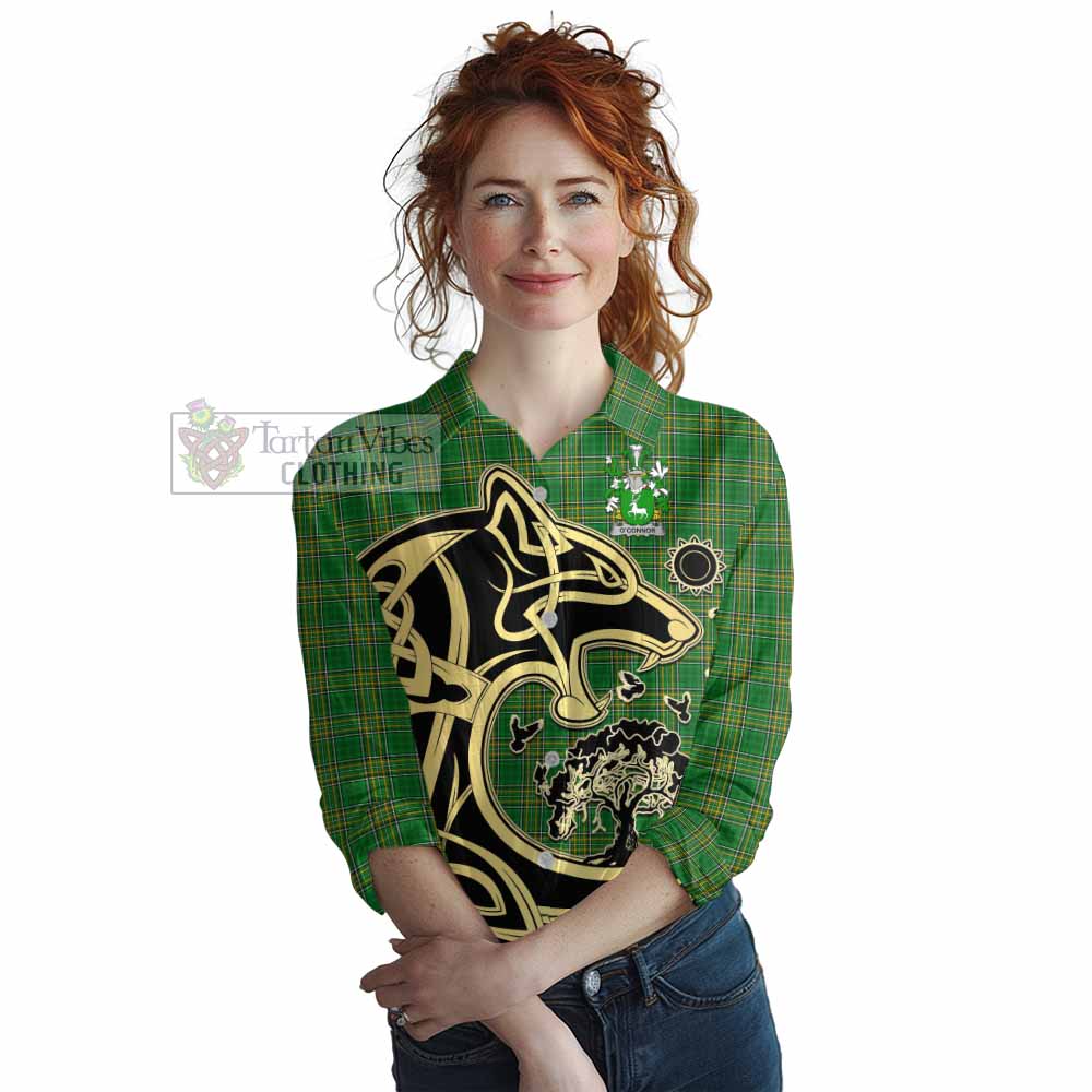 Tartan Vibes Clothing O_Connor Irish Tartan Women's Casual Shirt with Coat of Arms Celtic Wolf Style