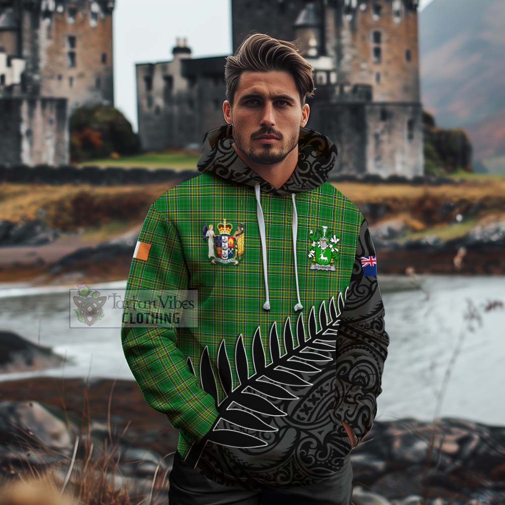 Tartan Vibes Clothing O_Connor Irish Clan Tartan Cotton Hoodie with Coat of Arms New Zealand Silver Fern Half Style