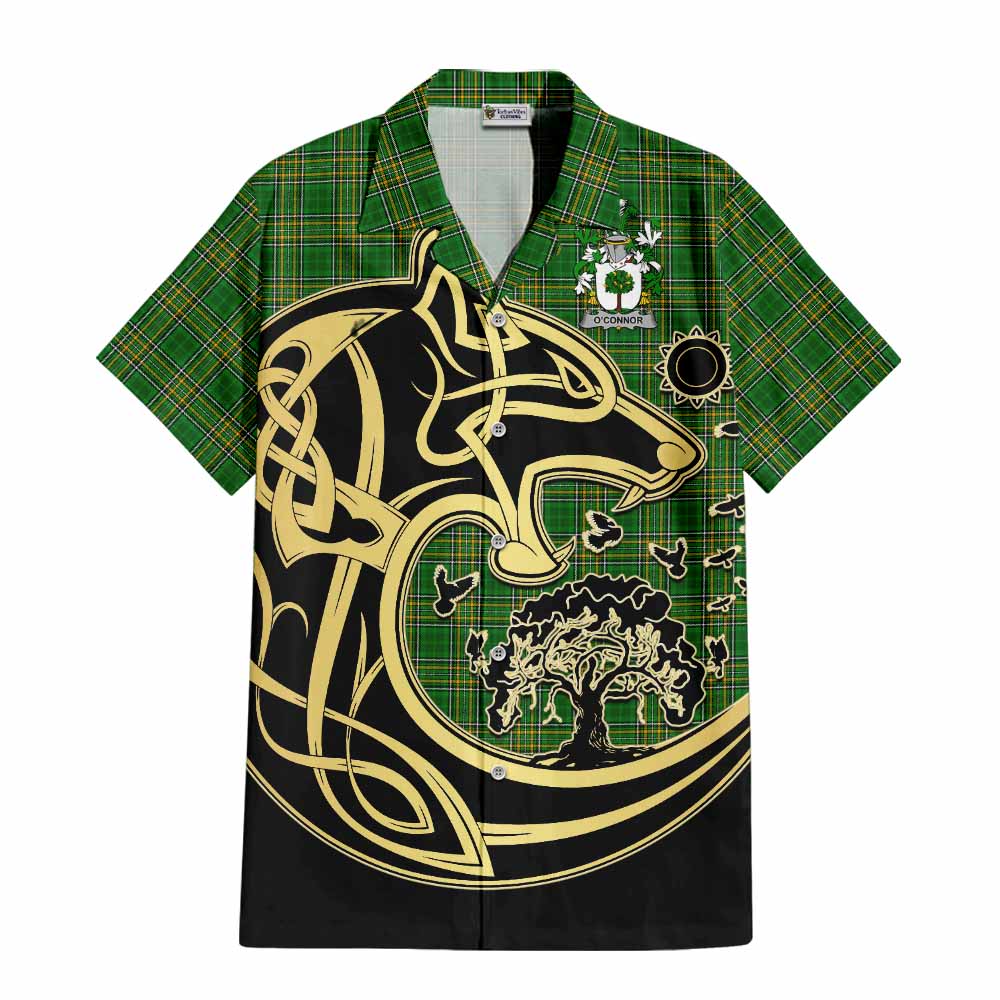 Tartan Vibes Clothing O_Connor (Faly) Irish Tartan Short Sleeve Button Shirt with Coat of Arms Celtic Wolf Style