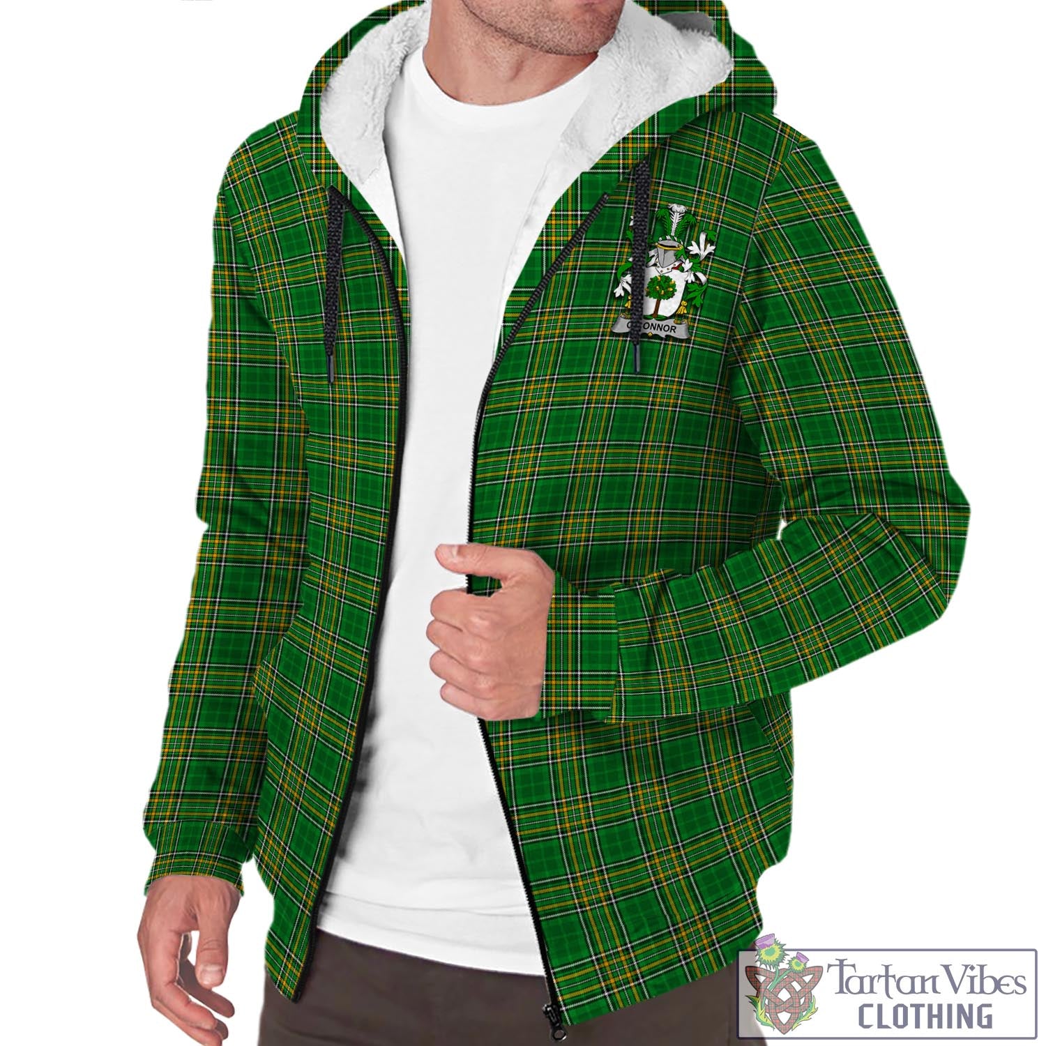 Tartan Vibes Clothing O_Connor (Faly) Ireland Clan Tartan Sherpa Hoodie with Coat of Arms