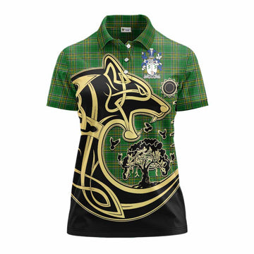 Tartan Vibes Clothing O_Dea Irish Tartan Women's Polo Shirt with Coat of Arms Celtic Wolf Style