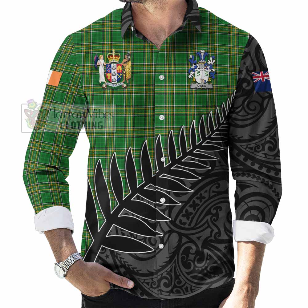 Tartan Vibes Clothing O_Dea Irish Clan Tartan Long Sleeve Button Shirt with Coat of Arms New Zealand Silver Fern Half Style