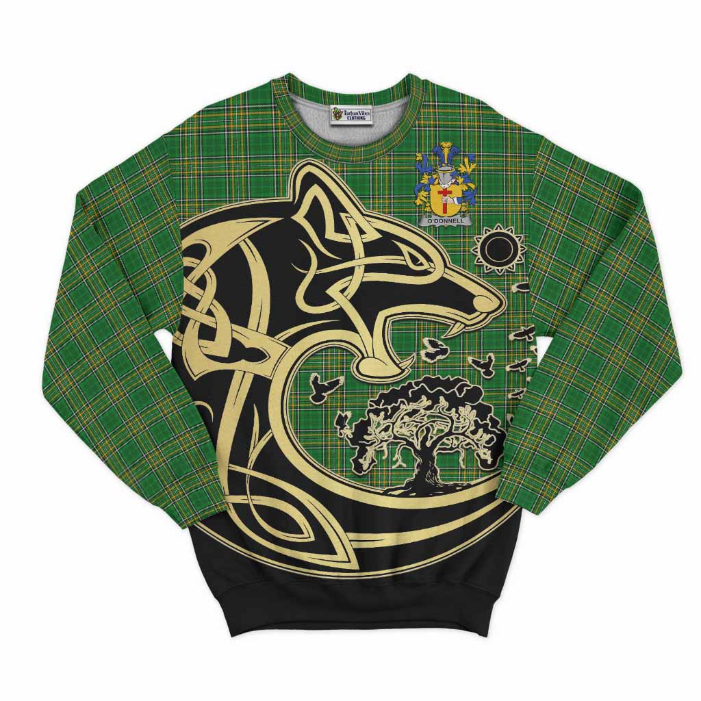 Tartan Vibes Clothing O_Donnell Irish Tartan Sweatshirt with Coat of Arms Celtic Wolf Style