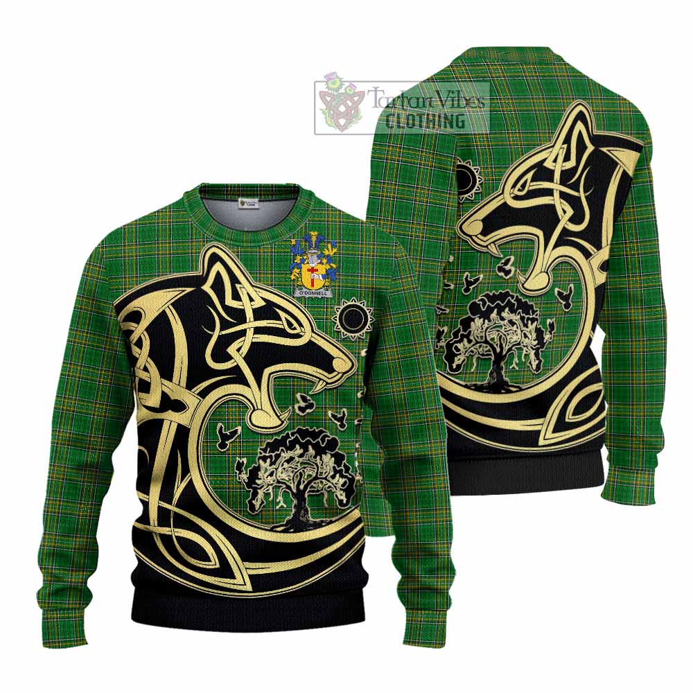 Tartan Vibes Clothing O_Donnell Irish Tartan Knitted Sweater with Coat of Arms Celtic Wolf Style