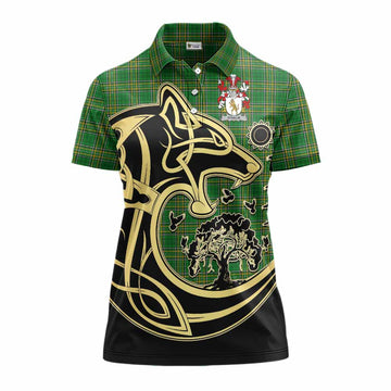 O'Halie Irish Tartan Women's Polo Shirt with Coat of Arms Celtic Wolf Style