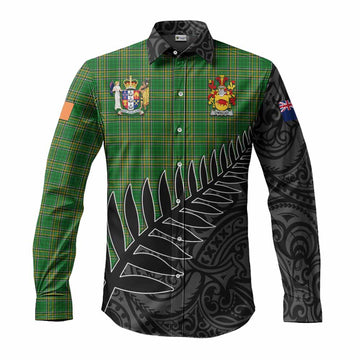 Tartan Vibes Clothing O_Malley Irish Clan Tartan Long Sleeve Button Shirt with Coat of Arms New Zealand Silver Fern Half Style