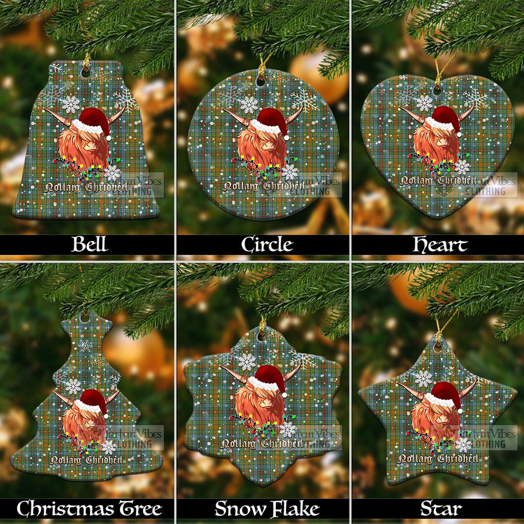 O'Brien Tartan Christmas Ceramic Ornaments with Twinkle Highland Cattle Ceramic - Tartan Vibes Clothing
