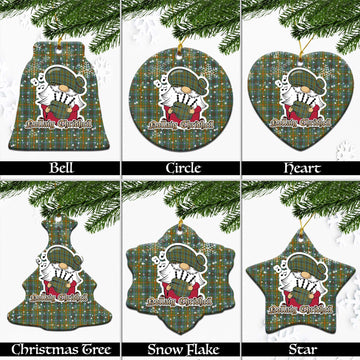 O'Brien Tartan Christmas Ceramic Ornaments with Scottish Gnome Playing Bagpipes