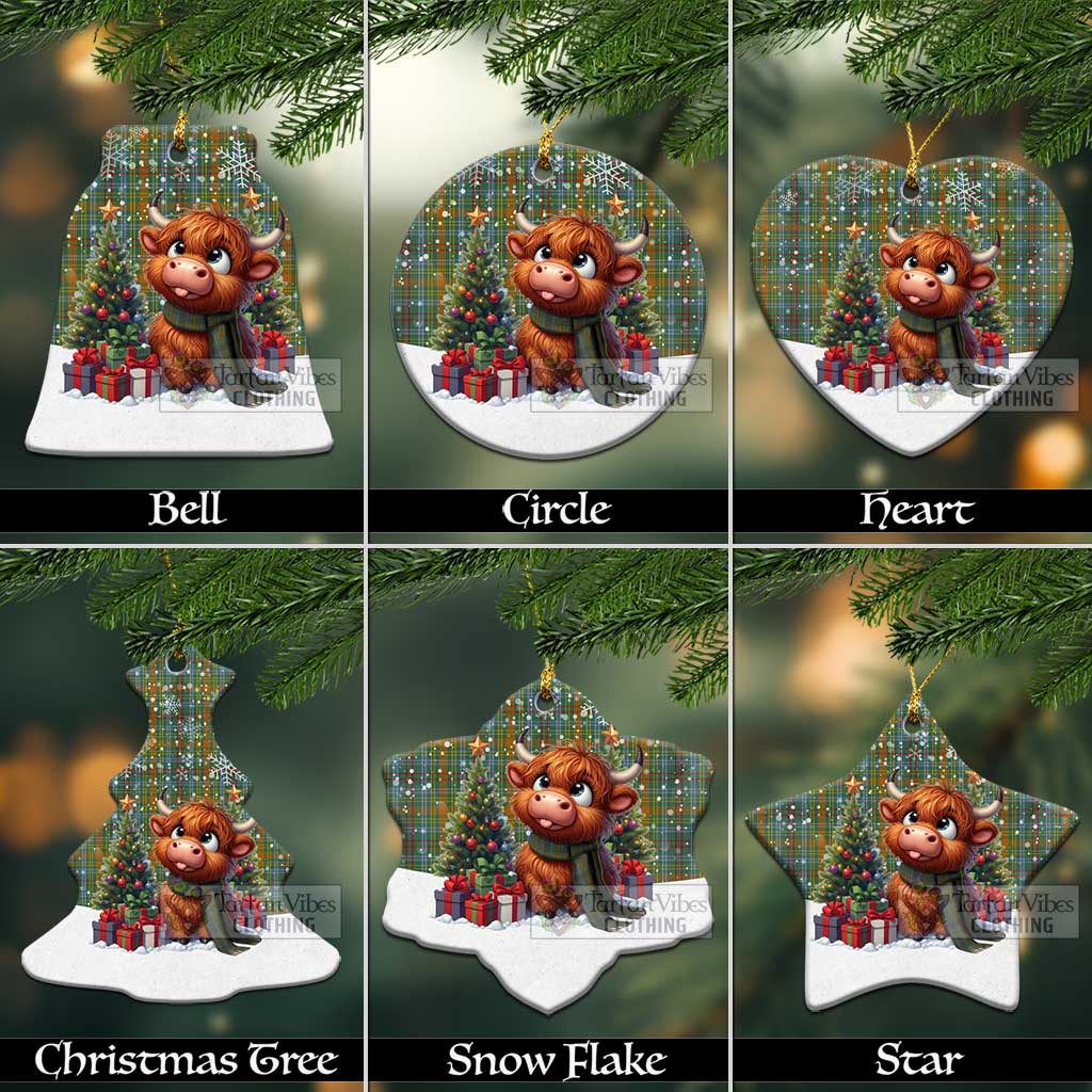 Tartan Vibes Clothing O'Brien Tartan Christmas Ceramic Ornament with Adorable Highland Coo