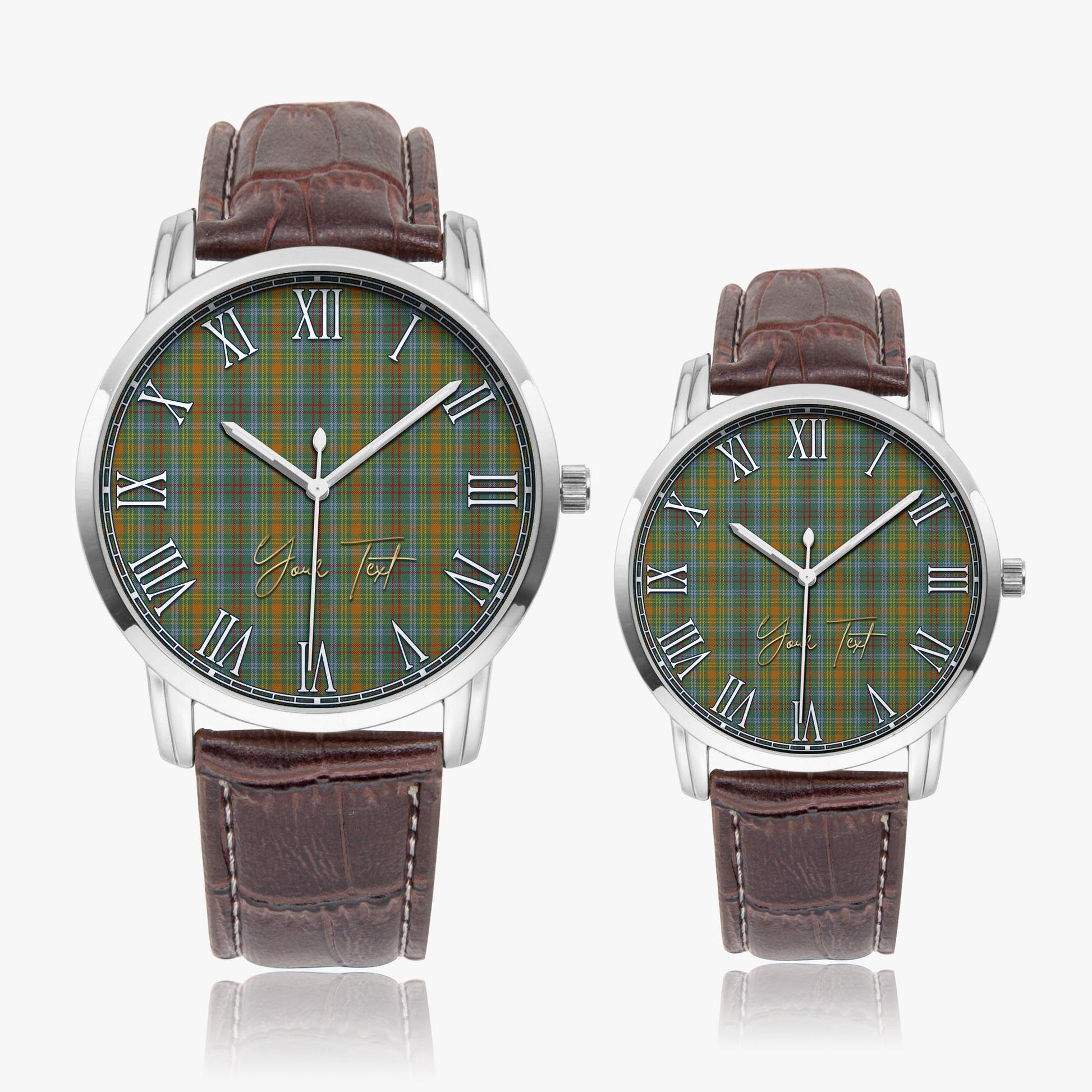 O'Brien Tartan Personalized Your Text Leather Trap Quartz Watch Wide Type Silver Case With Brown Leather Strap - Tartanvibesclothing