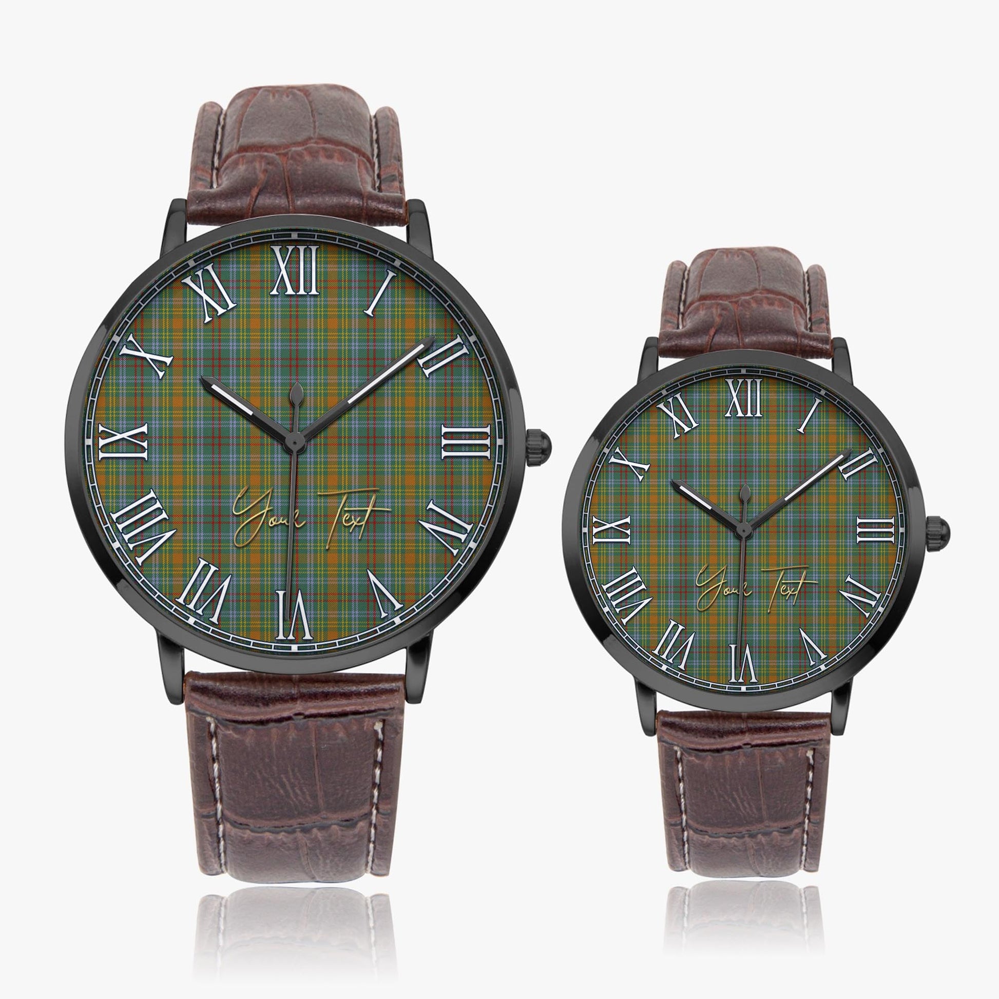 O'Brien Tartan Personalized Your Text Leather Trap Quartz Watch Ultra Thin Black Case With Brown Leather Strap - Tartanvibesclothing