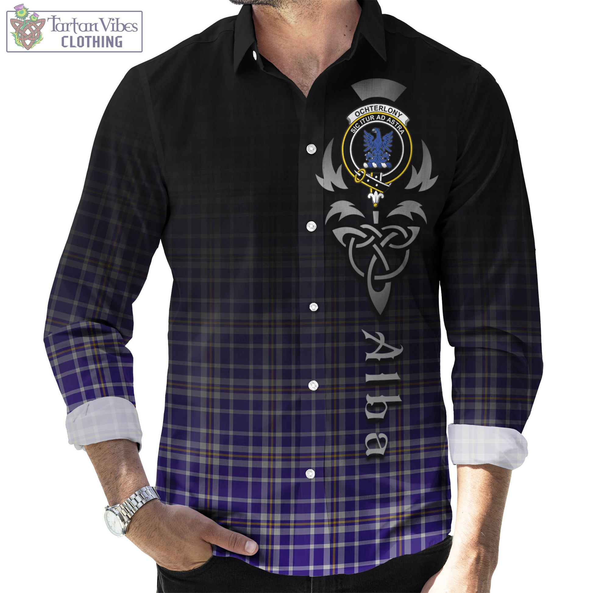 Ochterlony Tartan Long Sleeve Button Up Featuring Alba Gu Brath Family Crest Celtic Inspired Men's Shirt - Tartan Vibes Clothing