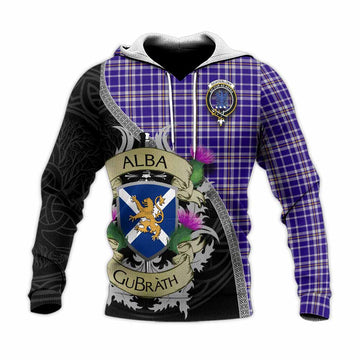 Ochterlony Tartan Family Crest Knitted Hoodie Lion Rampant Royal Thistle Shield Celtic Inspired Unisex Knitted Pullover Hoodie - Tartan Vibes Clothing