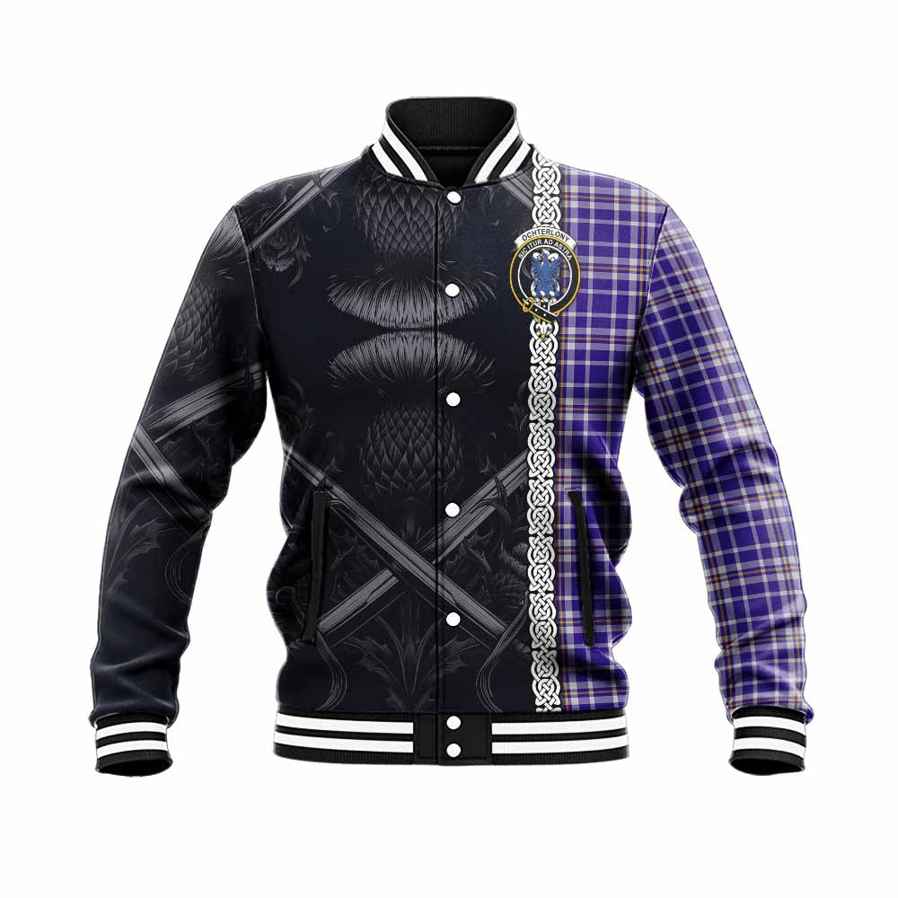 Ochterlony Tartan Baseball Jacket with Family Crest Cross Sword Thistle Celtic Vibes Unisex - Tartan Vibes Clothing