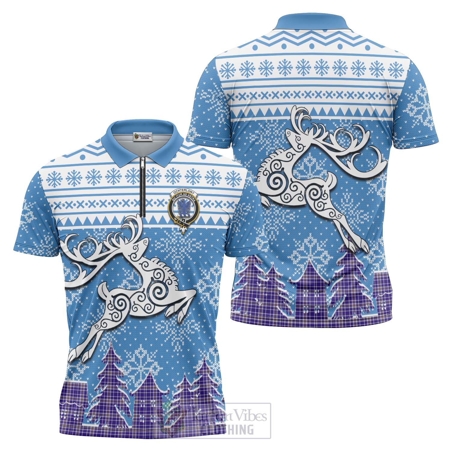 Ochterlony Clan Christmas Zipper Polo Shirt Celtic Reindeer Style Unisex - Tartan Vibes Clothing