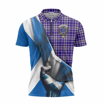Ochterlony Tartan Zipper Polo Shirt with Family Crest Scotland Patriotic Style Unisex - Tartan Vibes Clothing