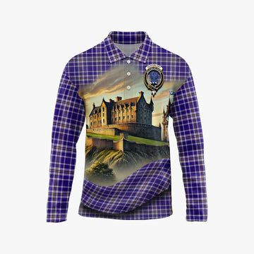 Ochterlony Tartan Family Crest Long Sleeve Polo Shirt with Scottish Ancient Castle Style Unisex - Tartan Vibes Clothing