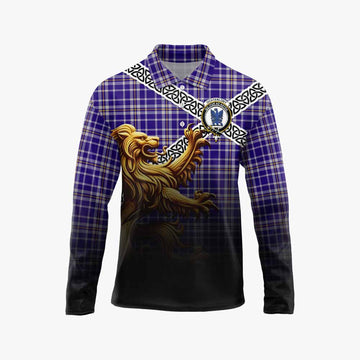 Ochterlony Crest Tartan Long Sleeve Polo Shirt with Golden Lion Emblem Celtic Style Unisex - Tartan Vibes Clothing