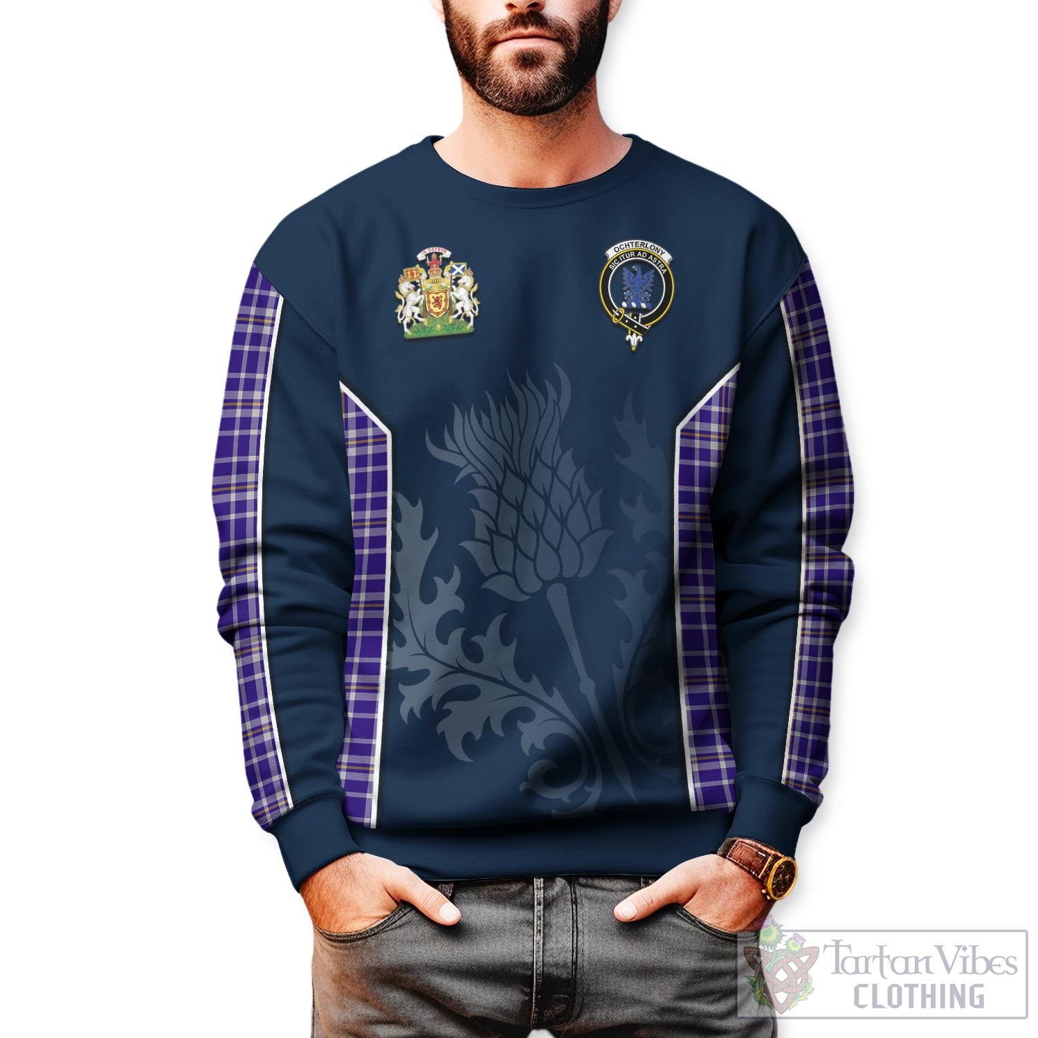 Ochterlony Tartan Sweatshirt with Family Crest and Scottish Thistle Vibes Sport Style Unisex - Tartan Vibes Clothing