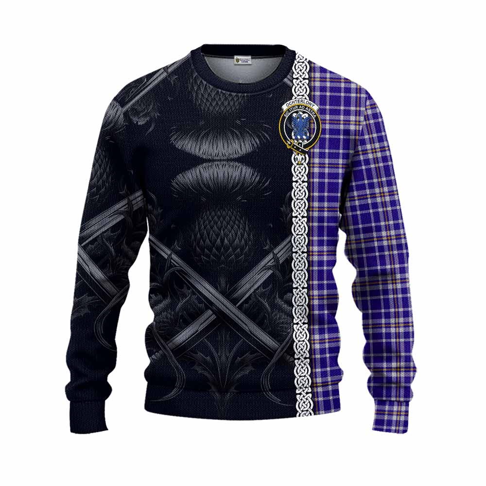 Ochterlony Tartan Knitted Sweater with Family Crest Cross Sword Thistle Celtic Vibes Unisex - Tartan Vibes Clothing