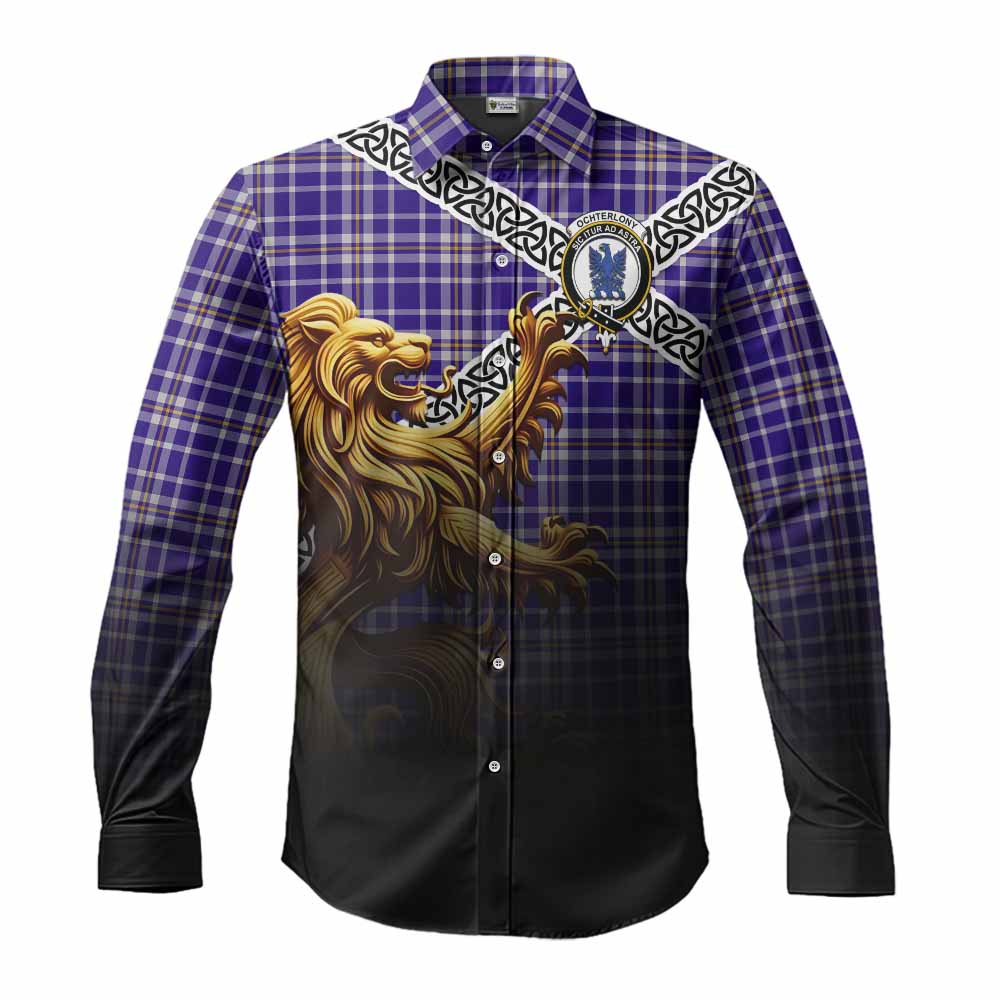 Ochterlony Crest Tartan Long Sleeve Button Shirt with Golden Lion Emblem Celtic Style Men's Shirt S - Tartan Vibes Clothing