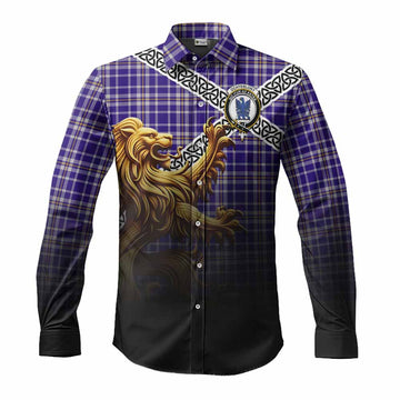 Ochterlony Crest Tartan Long Sleeve Button Shirt with Golden Lion Emblem Celtic Style Men's Shirt S - Tartan Vibes Clothing
