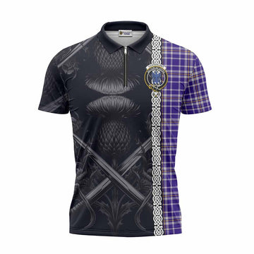 Ochterlony Tartan Zipper Polo Shirt with Family Crest Cross Sword Thistle Celtic Vibes Unisex - Tartan Vibes Clothing