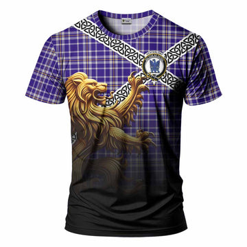 Ochterlony Crest Tartan T-Shirt with Golden Lion Emblem Celtic Style