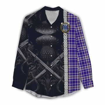 Ochterlony Tartan Women's Casual Shirt with Family Crest Cross Sword Thistle Celtic Vibes Female - Tartan Vibes Clothing