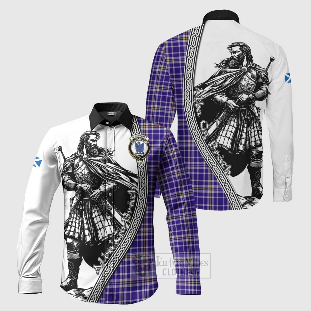 Ochterlony Tartan Clan Crest Long Sleeve Button Shirt with Highlander Warrior Celtic Style Men's Shirt S - Tartan Vibes Clothing