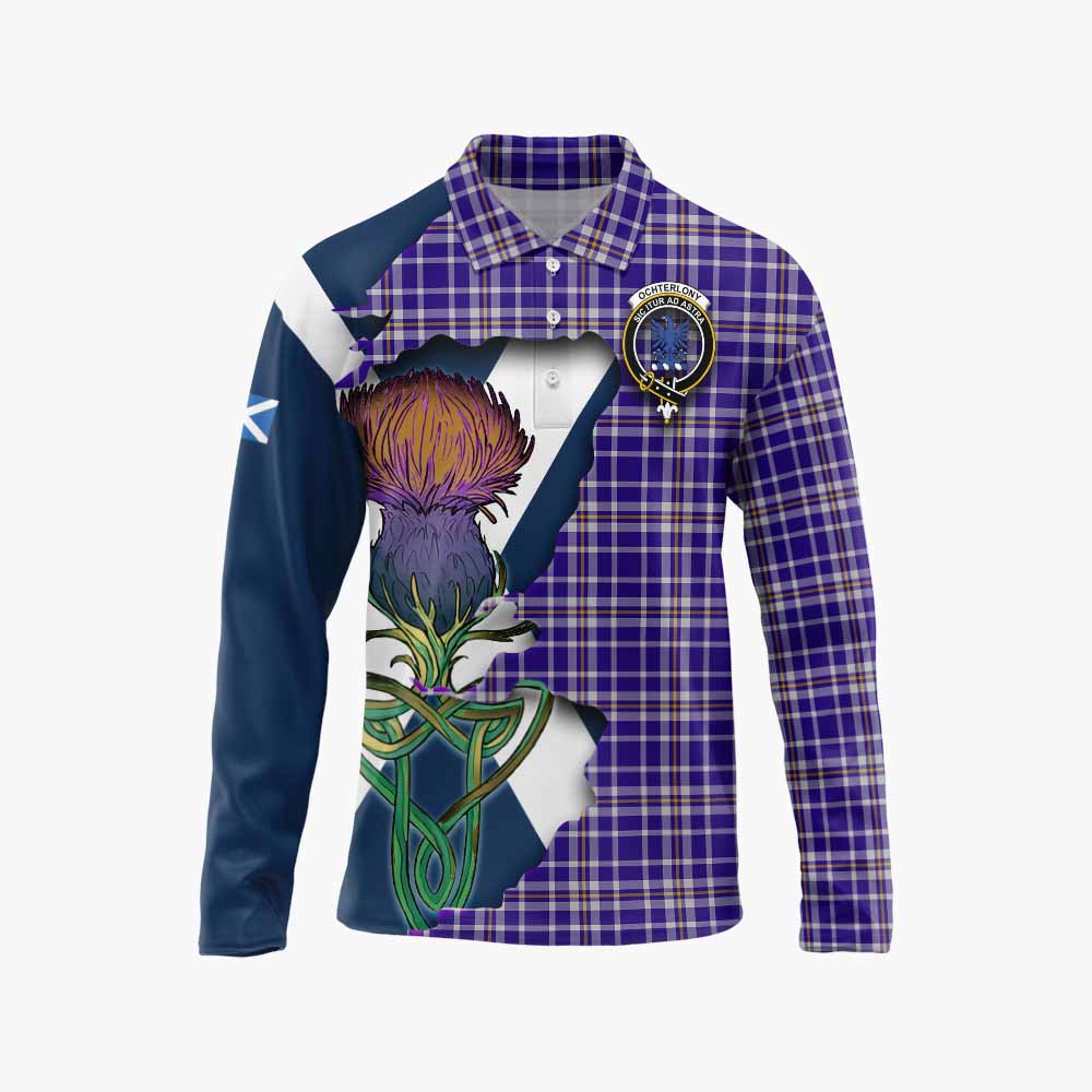 Ochterlony Tartan Family Crest Long Sleeve Polo Shirt Scottish Thistle Celtic Inspired Unisex - Tartan Vibes Clothing