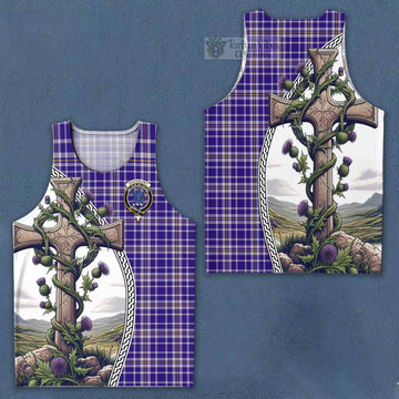 Ochterlony Tartan Men's Tank Top with Family Crest and St. Andrew's Cross Accented by Thistle Vines Men - Tartan Vibes Clothing
