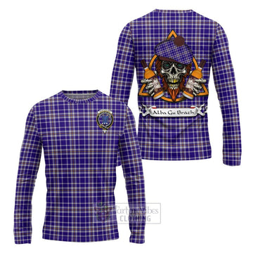 Ochterlony Tartan Long Sleeve T-Shirt with Family Crest and Bearded Skull Holding Bottles of Whiskey Unisex - Tartan Vibes Clothing