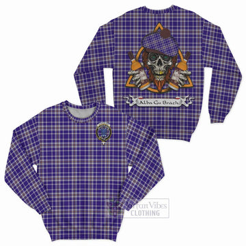 Ochterlony Tartan Sweatshirt with Family Crest and Bearded Skull Holding Bottles of Whiskey Unisex - Tartan Vibes Clothing