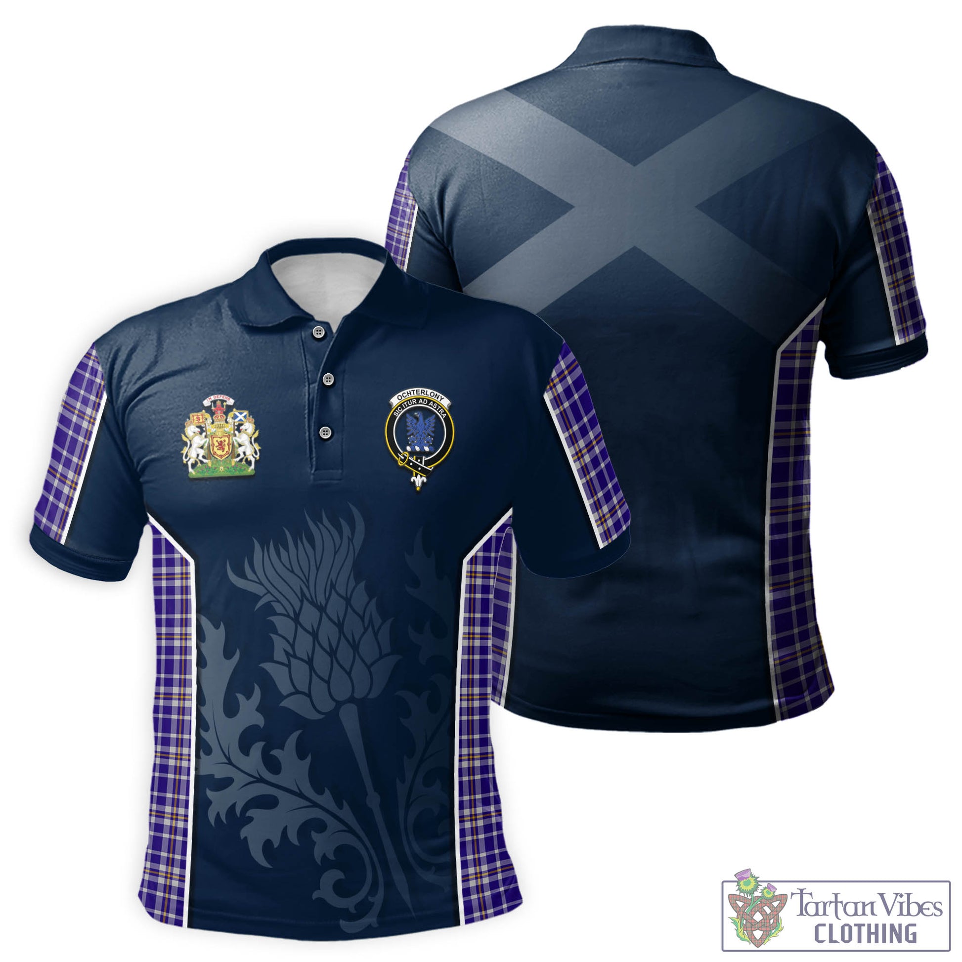 Tartan Vibes Clothing Ochterlony Tartan Men's Polo Shirt with Family Crest and Scottish Thistle Vibes Sport Style
