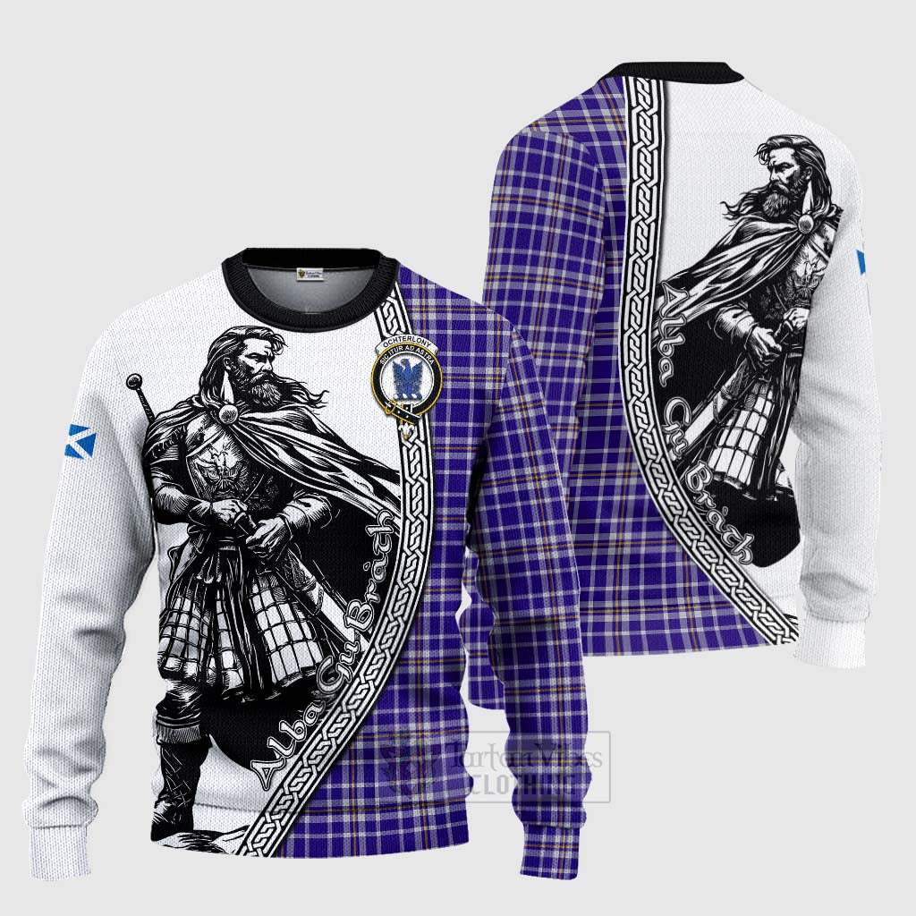 Ochterlony Tartan Clan Crest Knitted Sweater with Highlander Warrior Celtic Style Unisex - Tartan Vibes Clothing