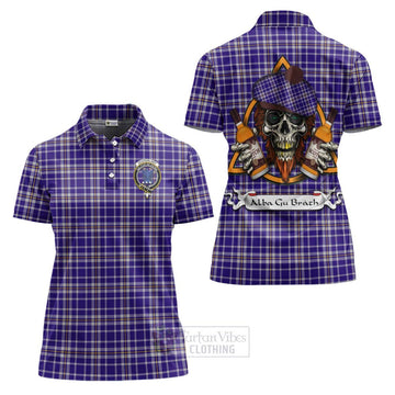 Ochterlony Tartan Women's Polo Shirt with Family Crest and Bearded Skull Holding Bottles of Whiskey Women - Tartan Vibes Clothing