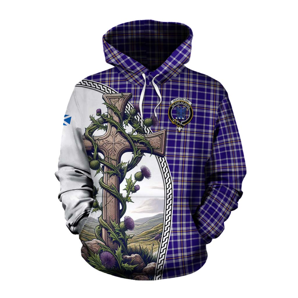 Tartan Vibes Clothing Ochterlony Tartan Cotton Hoodie with Family Crest and St. Andrew's Cross Accented by Thistle Vines