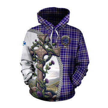 Ochterlony Tartan Cotton Hoodie with Family Crest and St. Andrew's Cross Accented by Thistle Vines