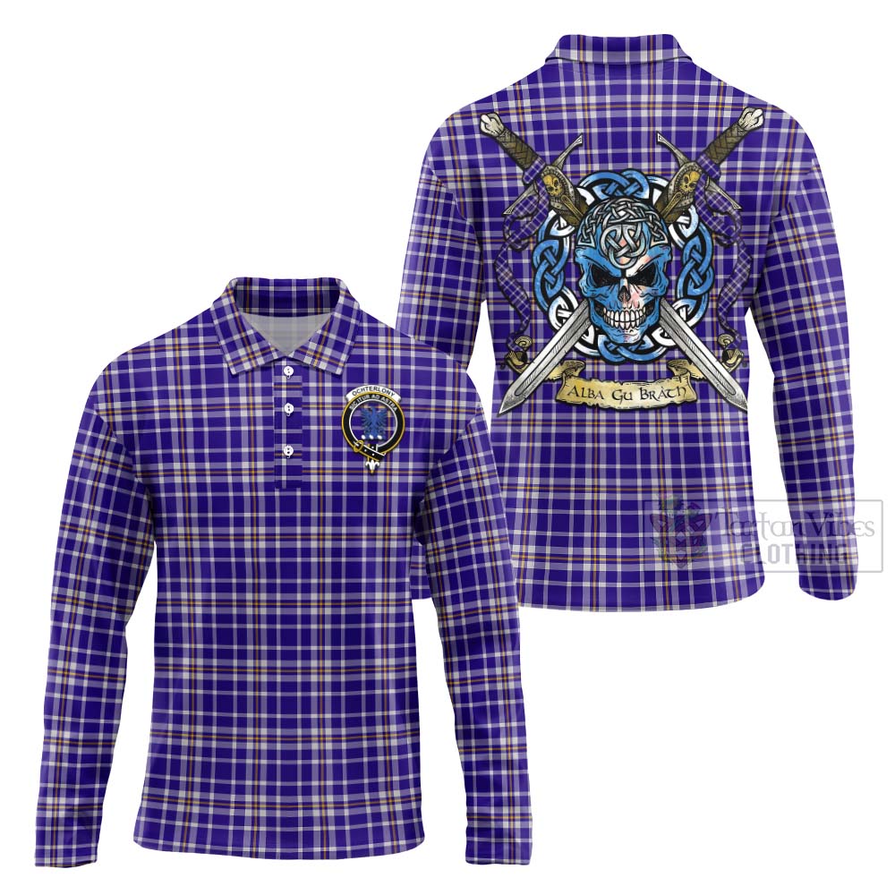 Ochterlony Tartan Long Sleeve Polo Shirt with Family Crest Celtic Skull Style Unisex - Tartan Vibes Clothing
