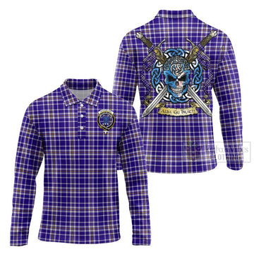 Ochterlony Tartan Long Sleeve Polo Shirt with Family Crest Celtic Skull Style Unisex - Tartan Vibes Clothing