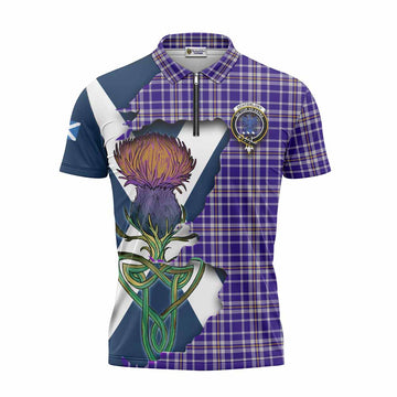 Ochterlony Tartan Family Crest Zipper Polo Shirt Scottish Thistle Celtic Inspired Unisex - Tartan Vibes Clothing