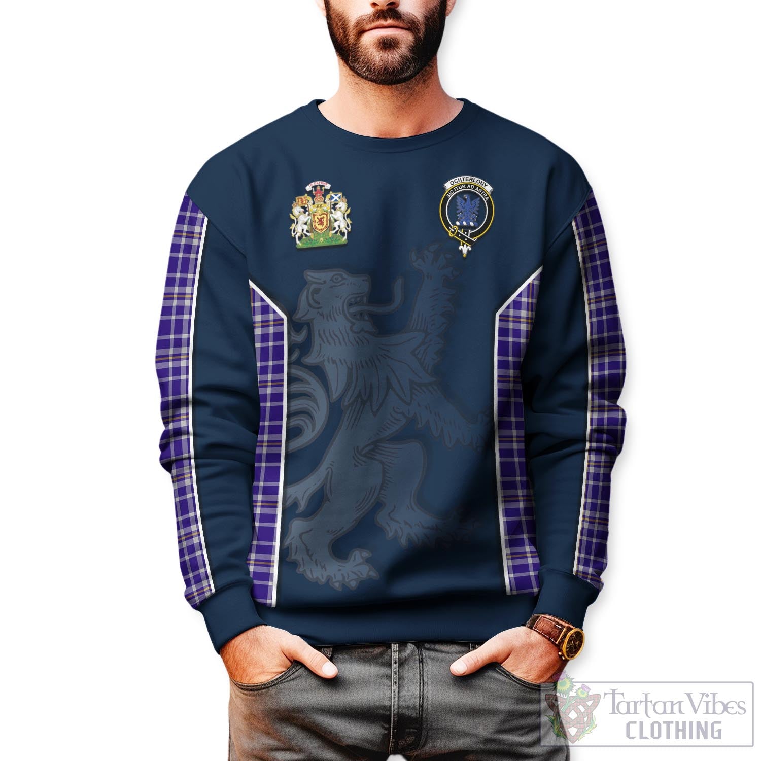 Tartan Vibes Clothing Ochterlony Tartan Sweater with Family Crest and Lion Rampant Vibes Sport Style