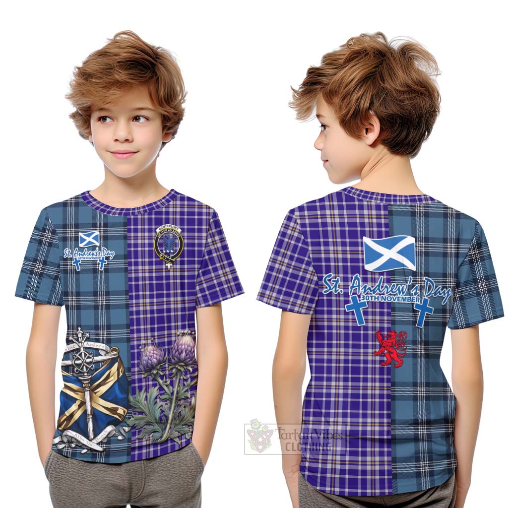Ochterlony Tartan Kid T-Shirt Happy St. Andrew's Day Half Tartan Style Youth XL Size14 - Tartan Vibes Clothing
