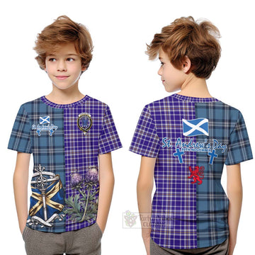 Ochterlony Tartan Kid T-Shirt Happy St. Andrew's Day Half Tartan Style Youth XL Size14 - Tartan Vibes Clothing