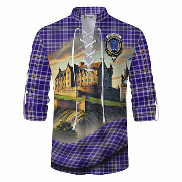 Ochterlony Tartan Family Crest Ghillie Kilt Shirt with Scottish Ancient Castle Style Men - Tartan Vibes Clothing