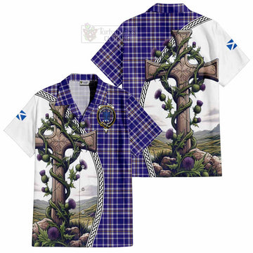 Ochterlony Tartan Hawaiian Shirt with Family Crest and St. Andrew's Cross Accented by Thistle Vines Kid - Tartan Vibes Clothing